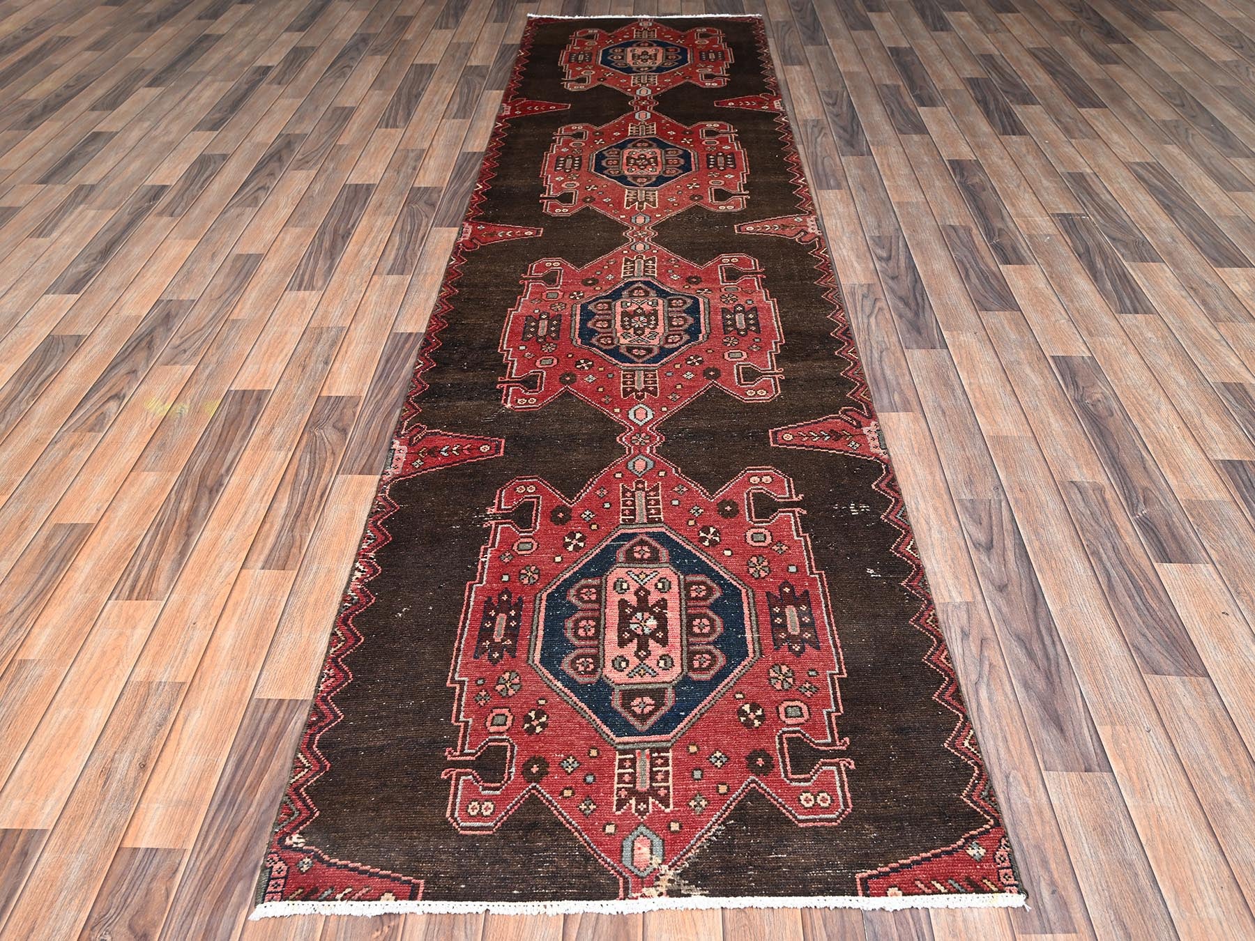 Brown 3'0" x 11'6" Vintage Hand knotted Wool Rug - Sku: O02624