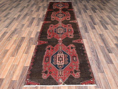 Brown 3'0" x 11'6" Vintage Hand knotted Wool Rug - Sku: O02624