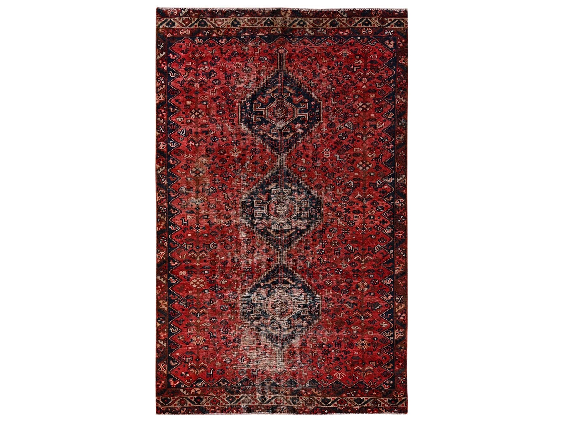 Shiraz Vintage hand-knotted wool rug in Red & Ivory, 5'4" x 9'2" — SKU O02626