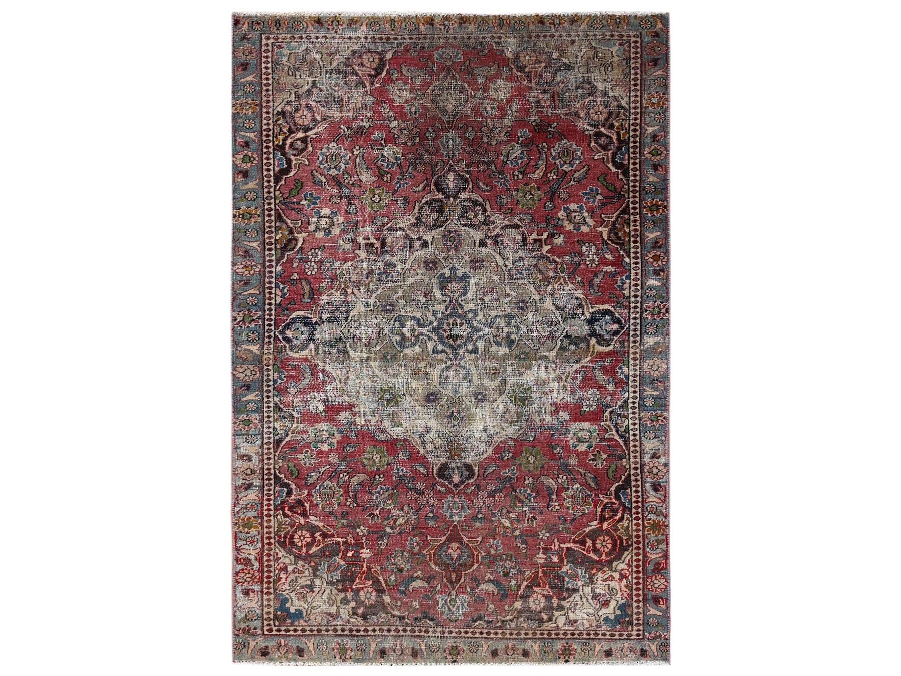 Tabriz Vintage hand-knotted wool rug in Red & Gray, 3'9" x 6'7" — SKU O02628