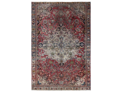 Tabriz Vintage hand-knotted wool rug in Red & Gray, 3'9" x 6'7" — SKU O02628