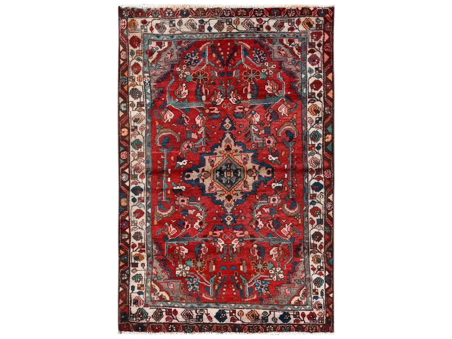 Vintage hand-knotted wool rug in Red & Ivory, 3'2" x 4'9" — SKU O02634