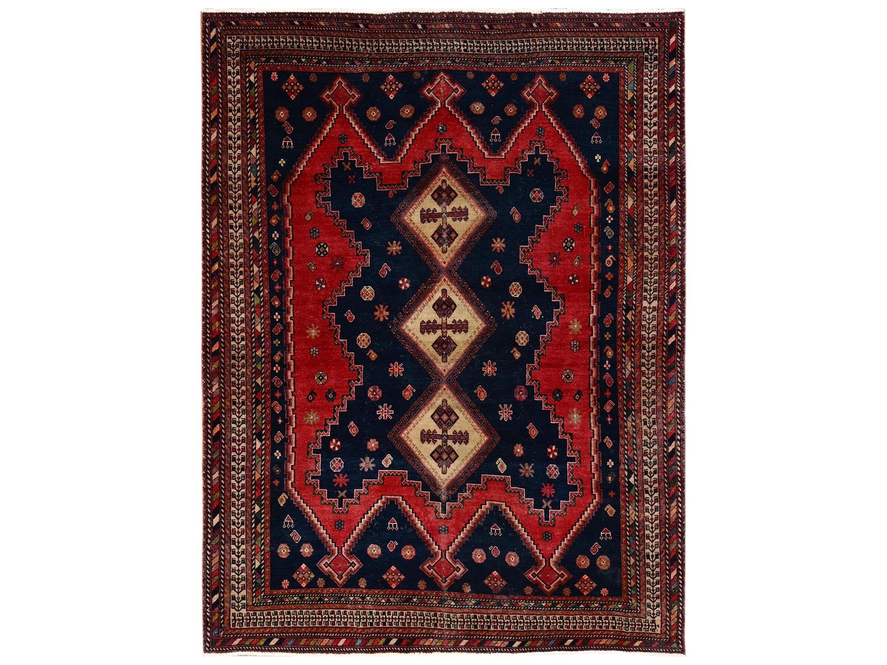 Qashqai Vintage hand-knotted wool rug in Red & Ivory, 5'10" x 7'11" — SKU O02641