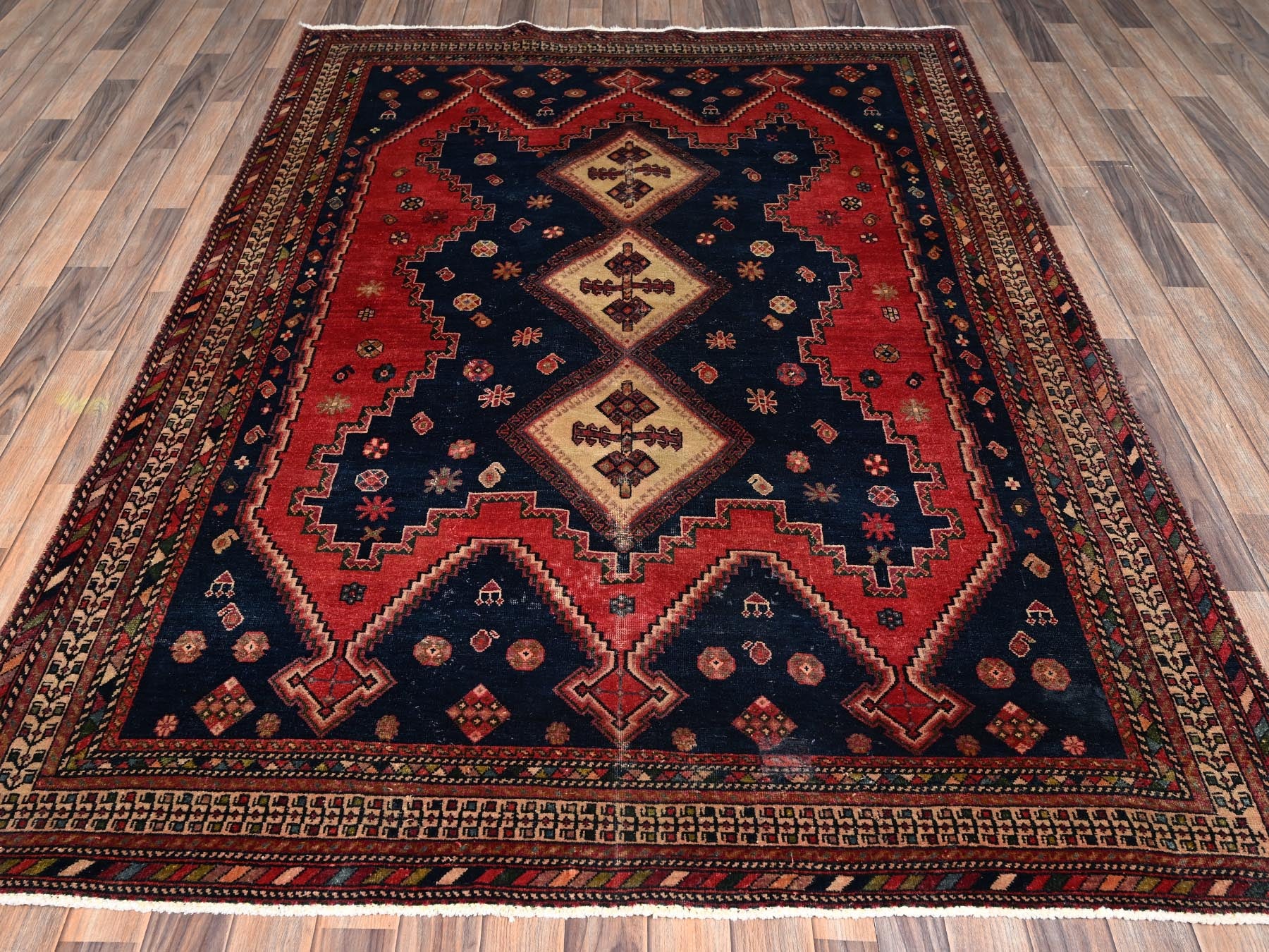 Qashqai Vintage hand-knotted wool rug in Red & Ivory, 5'10" x 7'11" — SKU O02641 (view 2)