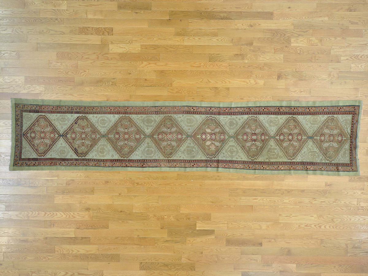 Serab Antique hand-knotted wool runner in Green & Light Brown, 3'1" x 14'3" — SKU O026424