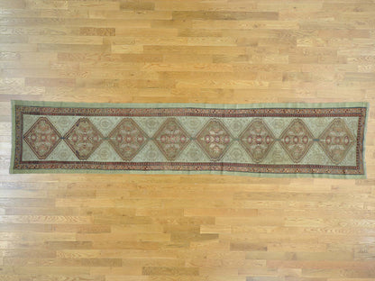 Serab Antique hand-knotted wool runner in Green & Light Brown, 3'1" x 14'3" — SKU O026424