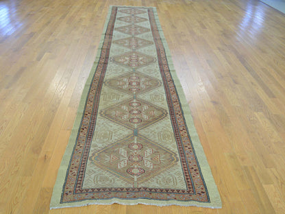 Serab Antique hand-knotted wool runner in Green & Light Brown, 3'1" x 14'3" — SKU O026424 (view 2)