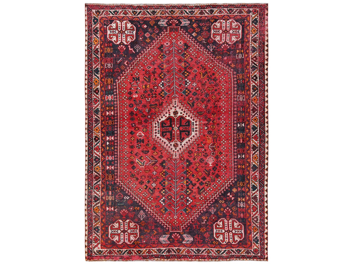 Shiraz Vintage hand-knotted wool rug in Red & Ivory, 6'11" x 9'7" — SKU O02642