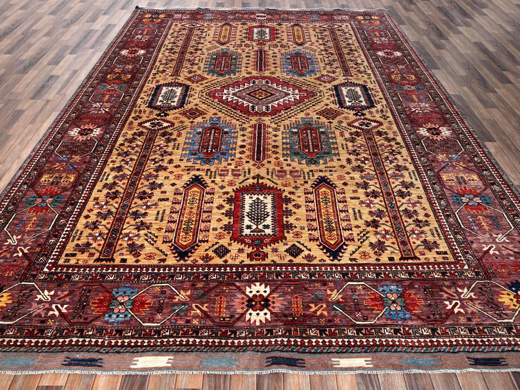 Ersari Kazak hand-knotted wool rug in Yellow & Wine Red, 9'3" x 12'3" — SKU O02660 (view 2)