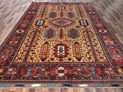 Ersari Kazak hand-knotted wool rug in Yellow & Wine Red, 9'3" x 12'3" — SKU O02660 (view 2)