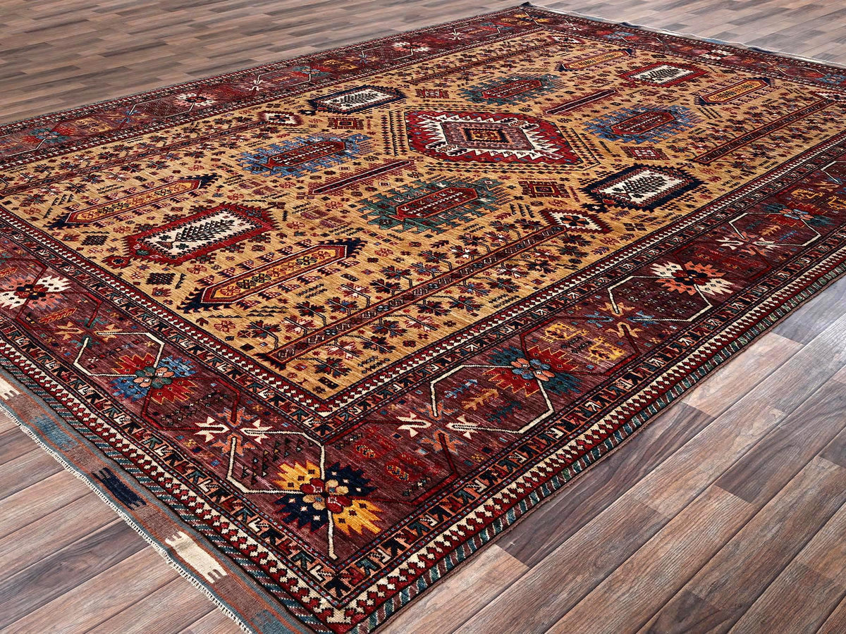 Ersari Kazak hand-knotted wool rug in Yellow & Wine Red, 9'3" x 12'3" — SKU O02660 (view 3)