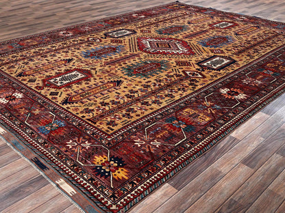 Ersari Kazak hand-knotted wool rug in Yellow & Wine Red, 9'3" x 12'3" — SKU O02660 (view 3)