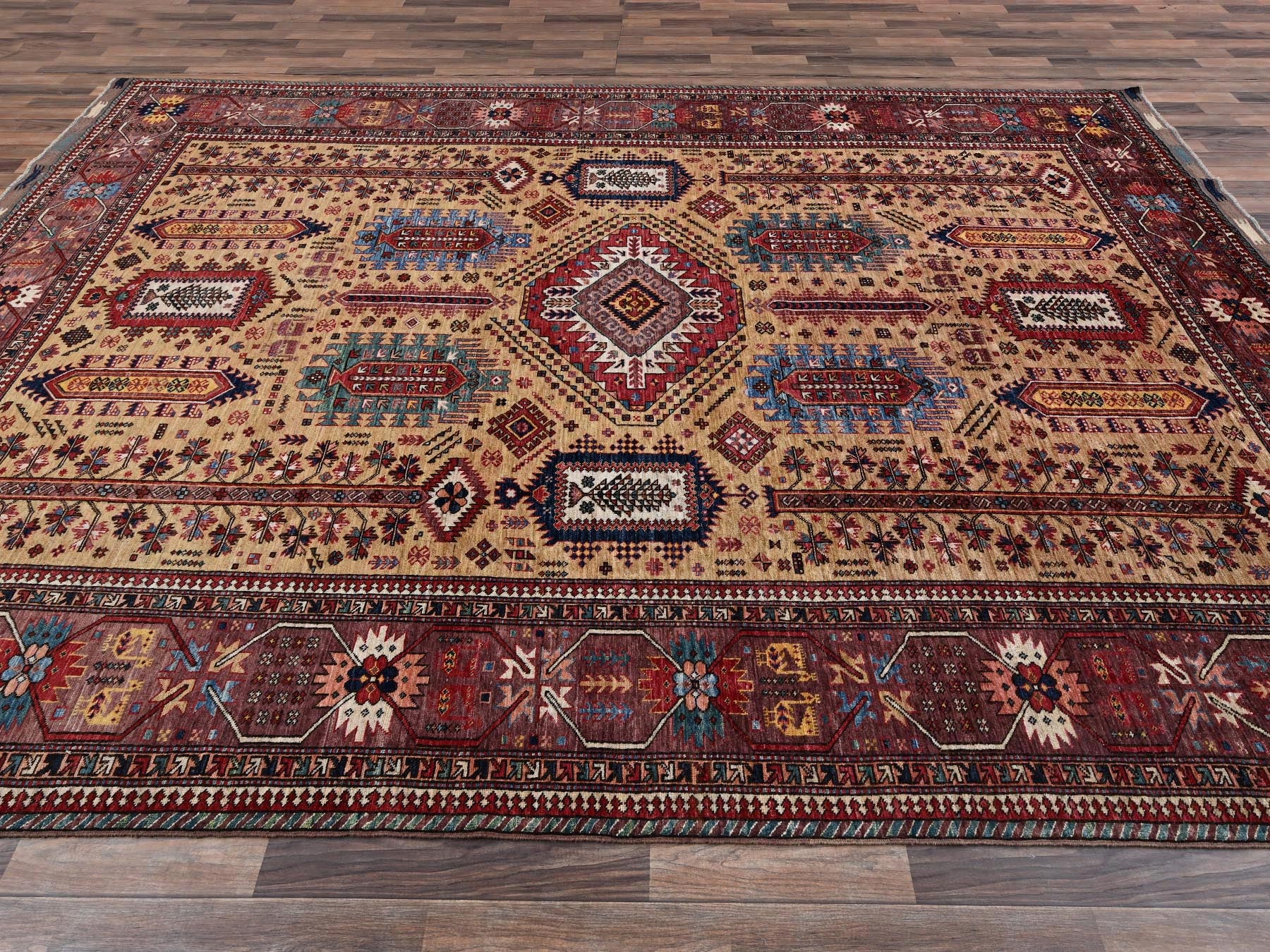 Ersari Kazak hand-knotted wool rug in Yellow & Wine Red, 9'3" x 12'3" — SKU O02660 (view 4)