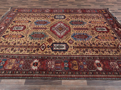 Ersari Kazak hand-knotted wool rug in Yellow & Wine Red, 9'3" x 12'3" — SKU O02660 (view 4)