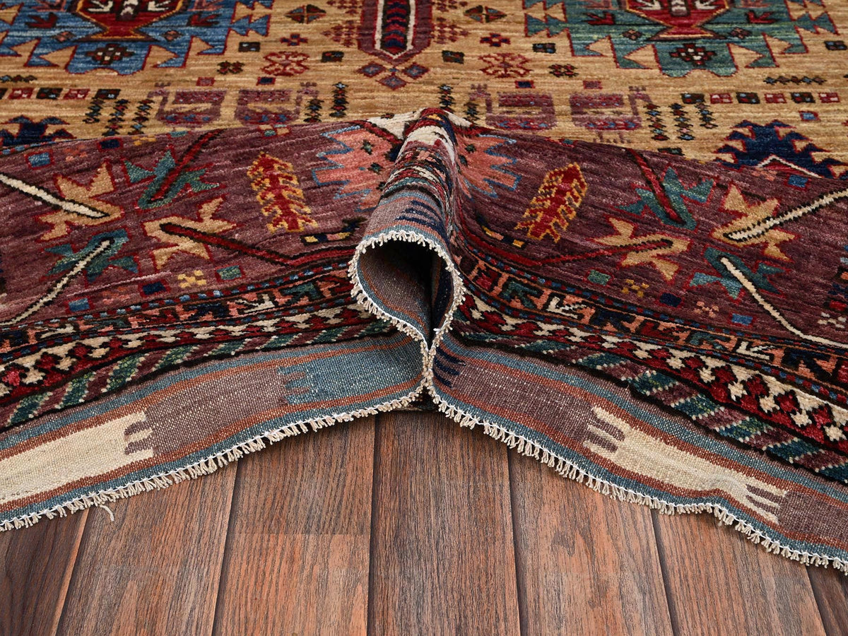 Ersari Kazak hand-knotted wool rug in Yellow & Wine Red, 9'3" x 12'3" — SKU O02660 (view 6)