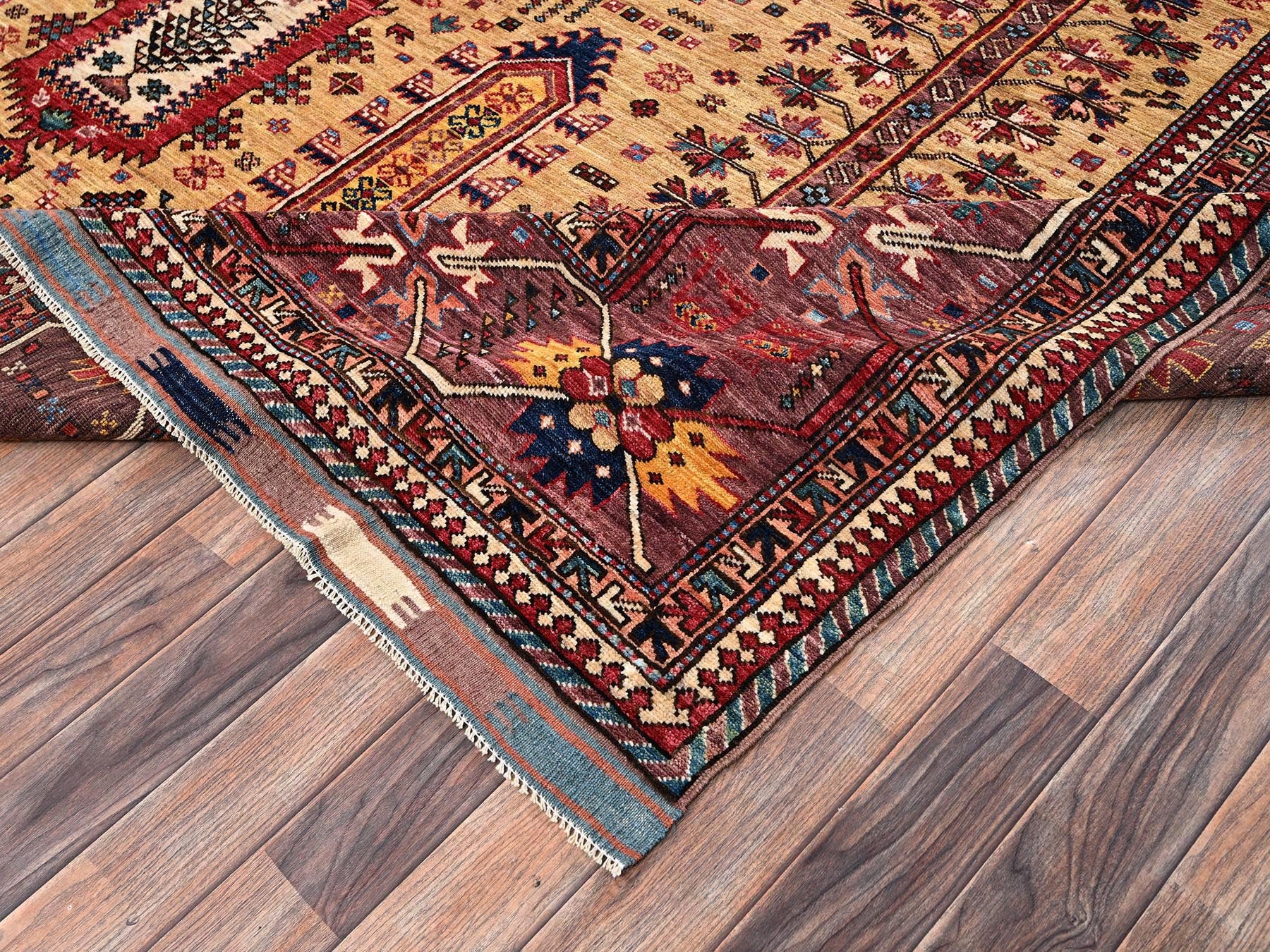 Ersari Kazak hand-knotted wool rug in Yellow & Wine Red, 9'3" x 12'3" — SKU O02660 (view 7)