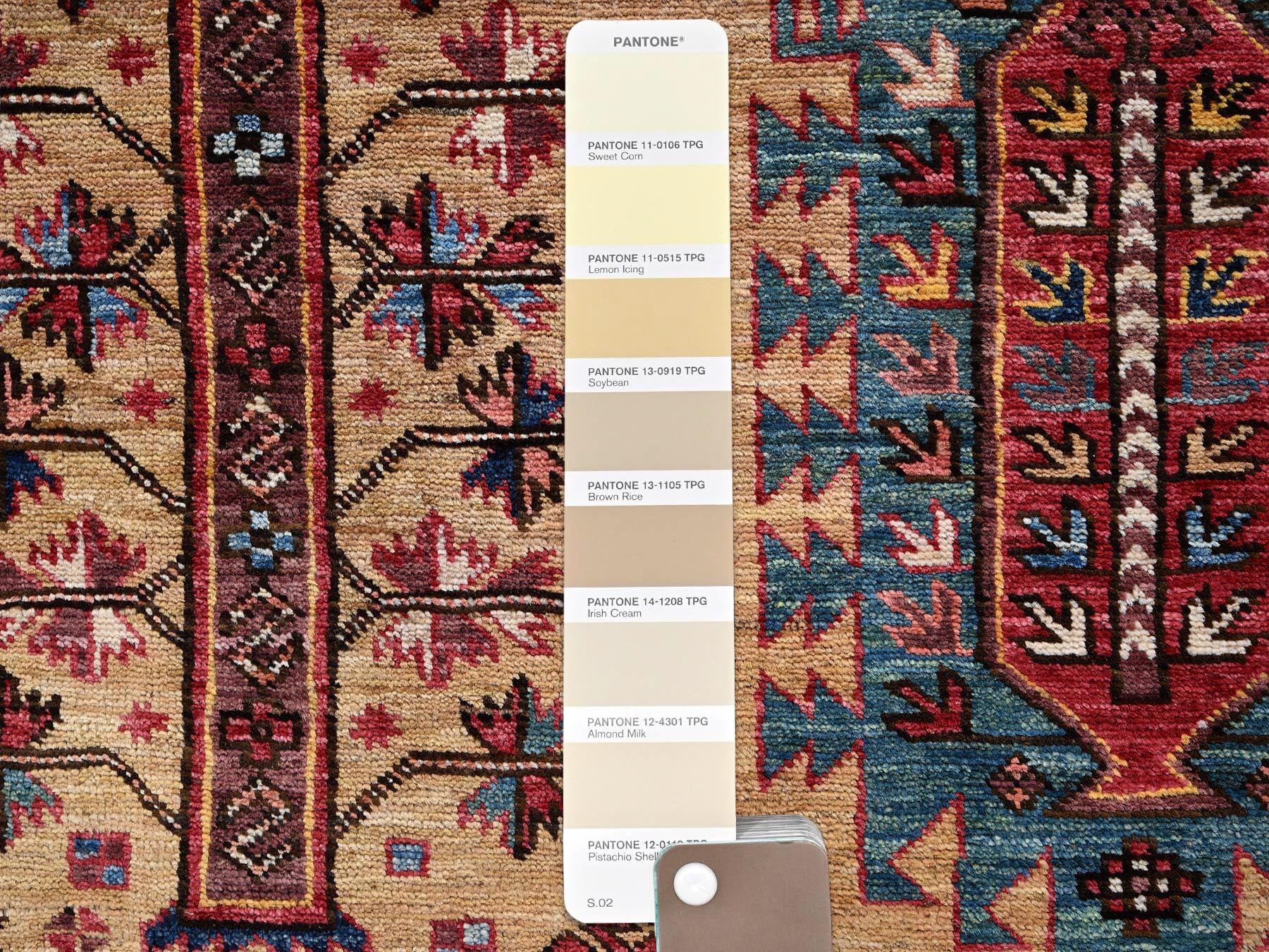 Ersari Kazak hand-knotted wool rug in Yellow & Wine Red, 9'3" x 12'3" — SKU O02660 (view 8)