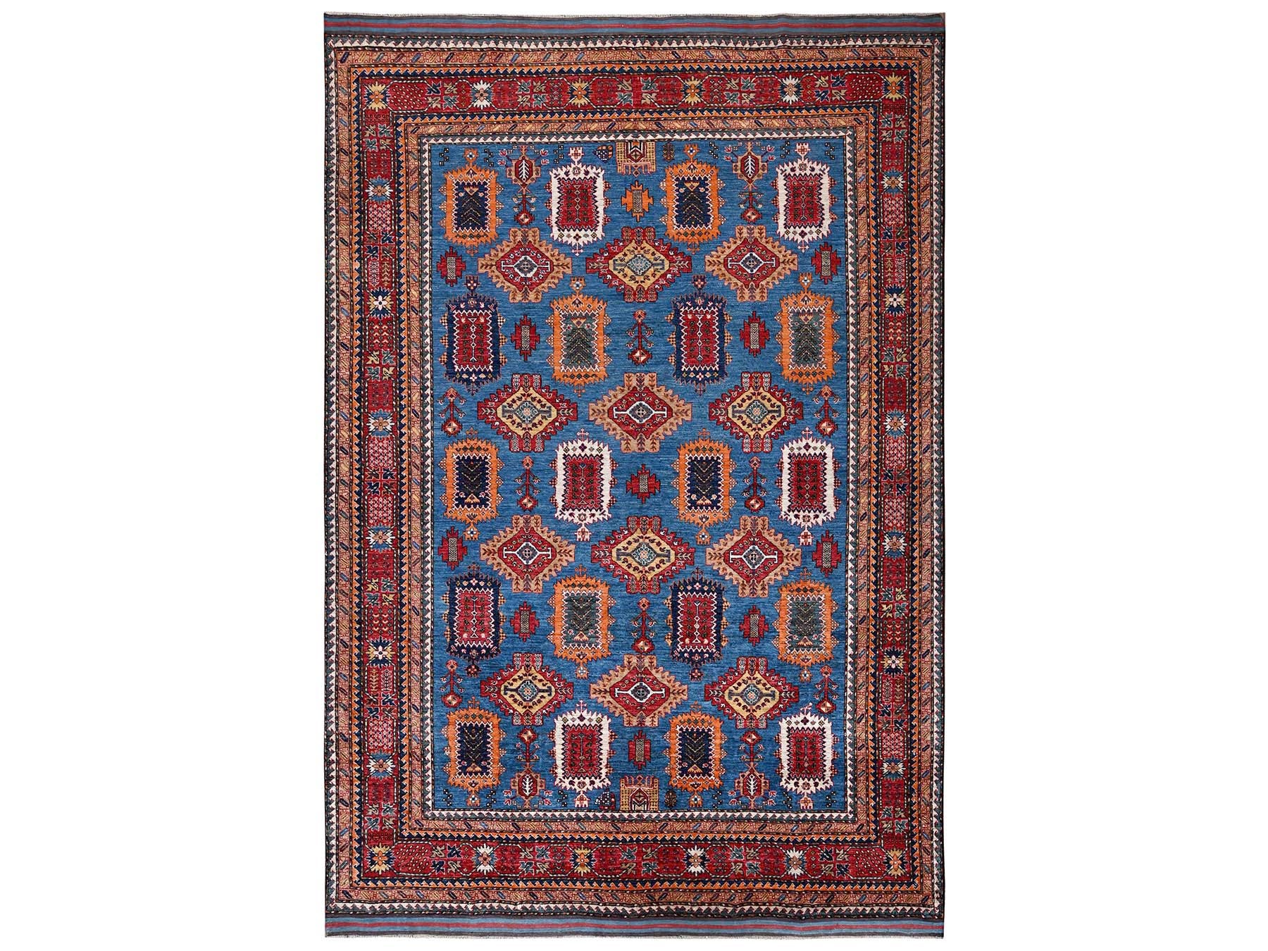 Ersari Kazak hand-knotted wool rug in Blue & Red, 9' x 11'8" — SKU O02662
