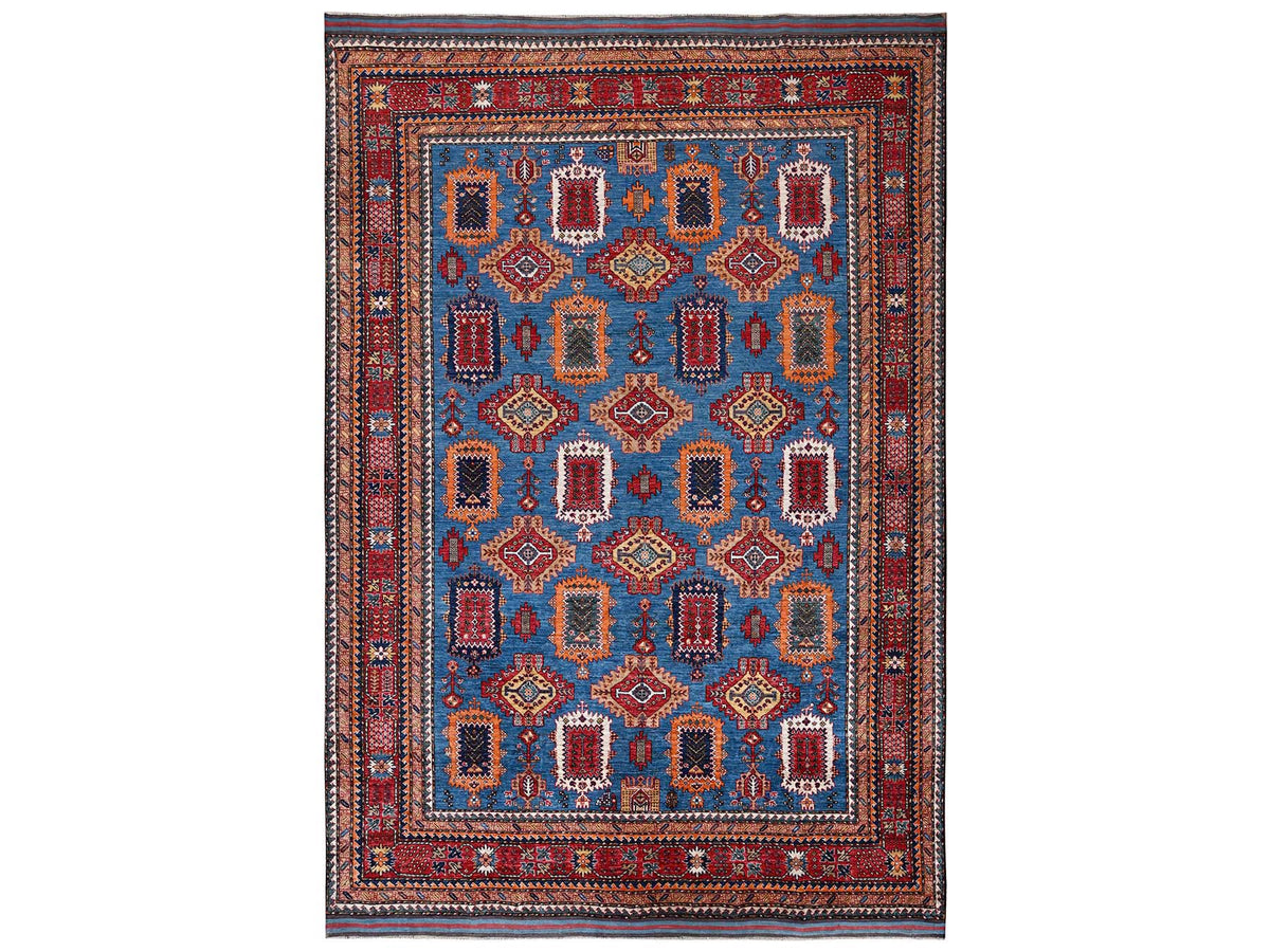 Ersari Kazak hand-knotted wool rug in Blue & Red, 9' x 11'8" — SKU O02662