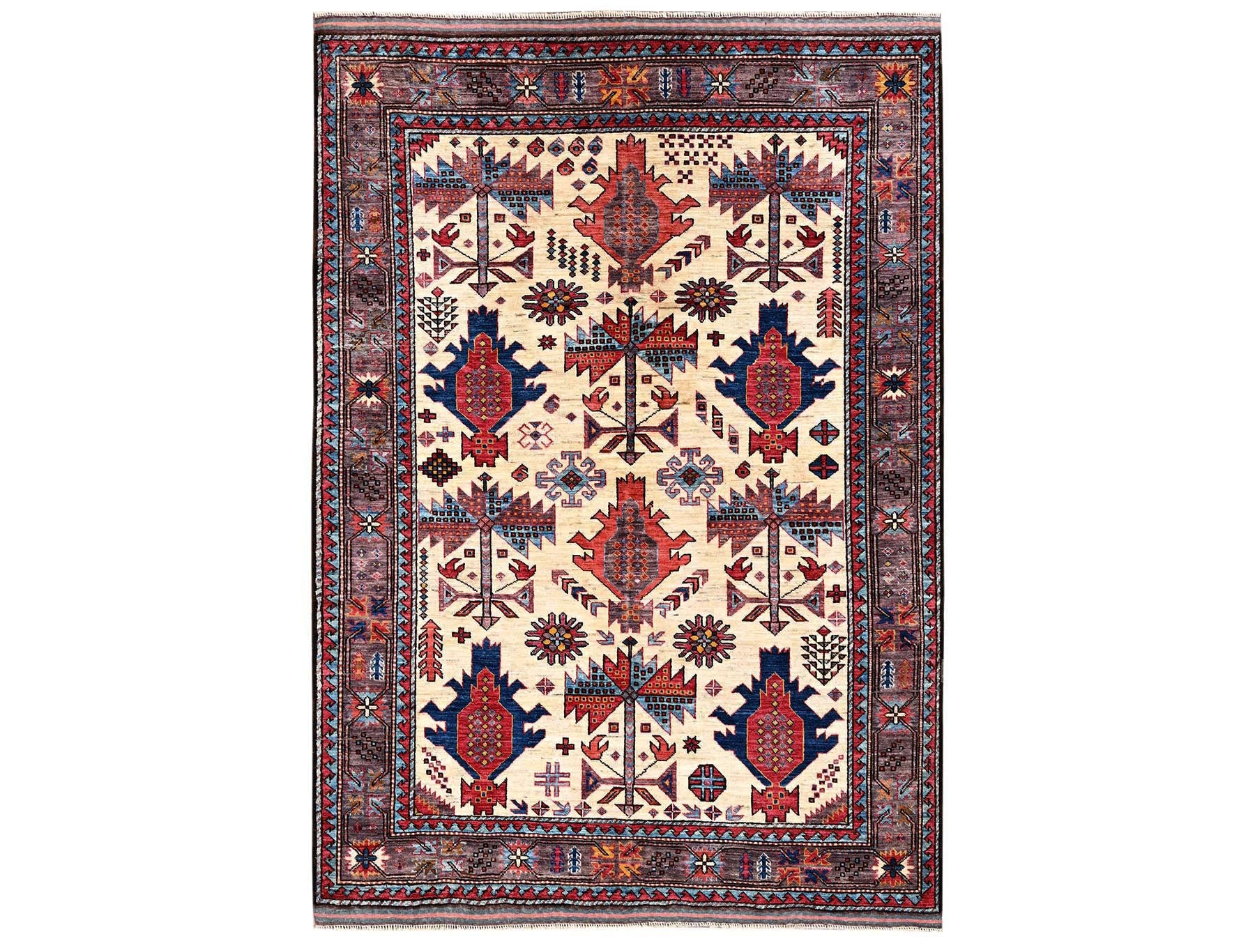 Ivory 5'2" x 6'4" Kazak Hand knotted Wool Rug - Sku: O02663