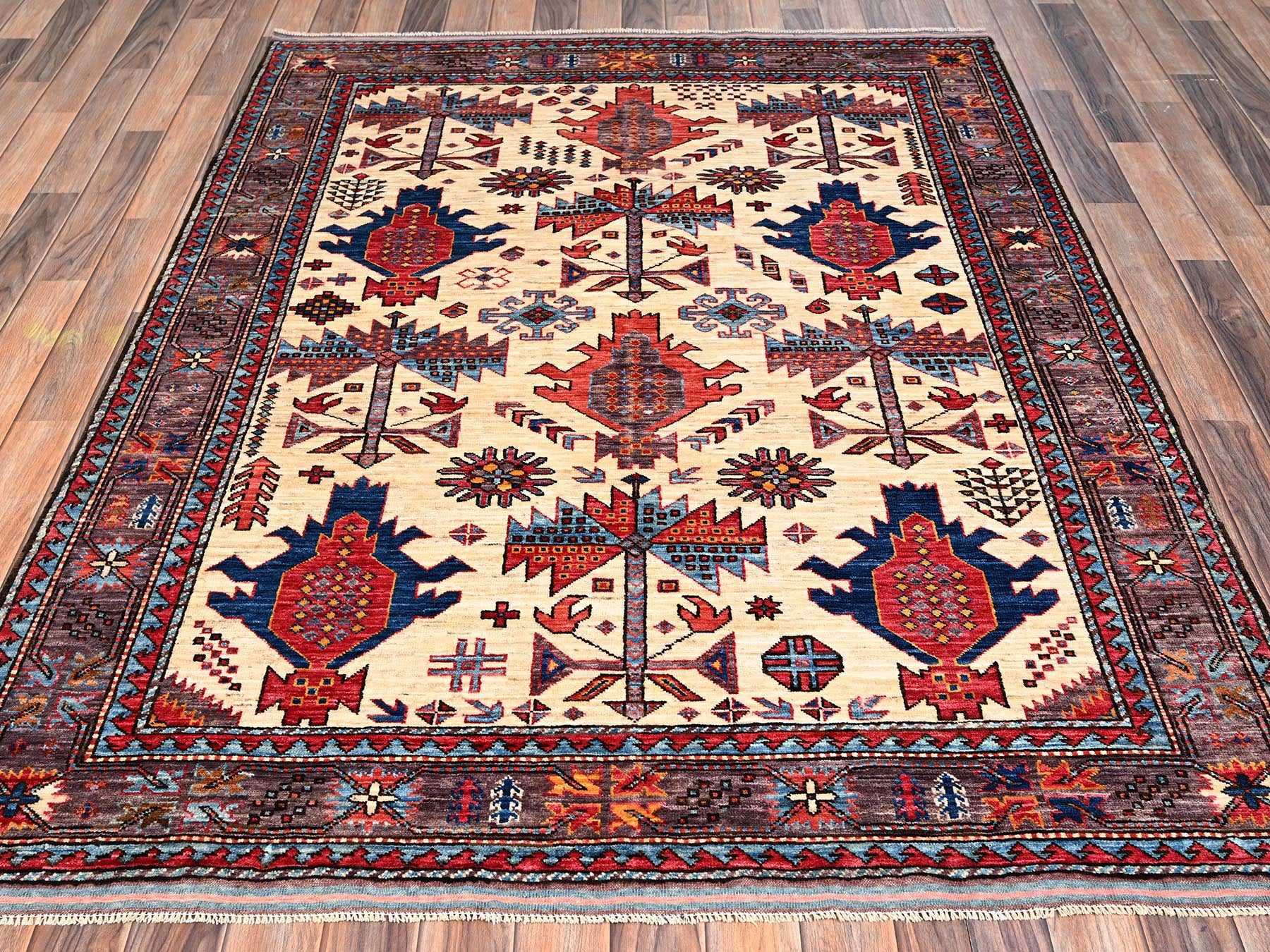 Ersari Kazak hand-knotted wool rug in Ivory & Brown, 5'2" x 6'4" — SKU O02663 (view 2)