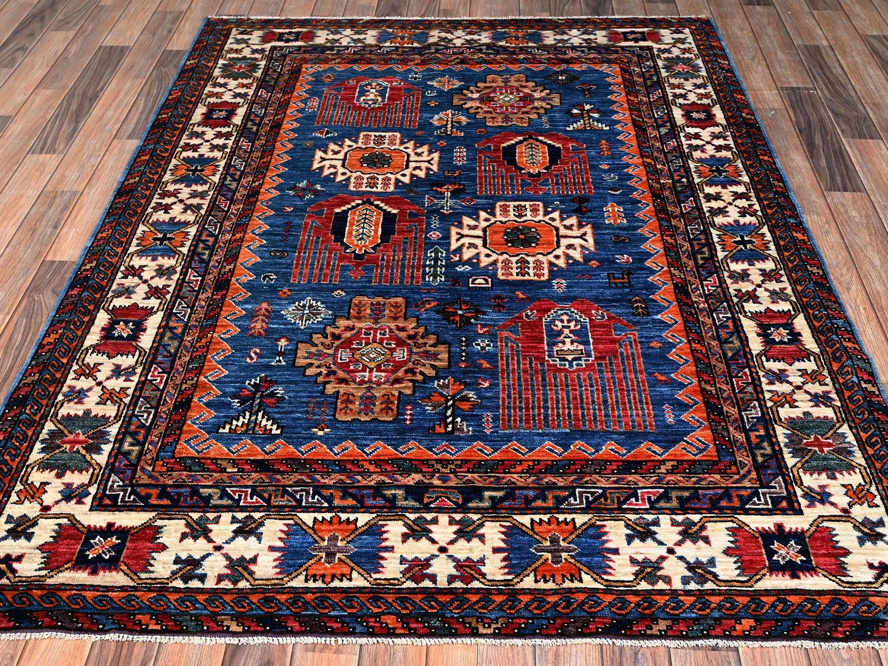 Tribal hand-knotted wool rug in Blue, 5'1" x 6'7", SKU O02665