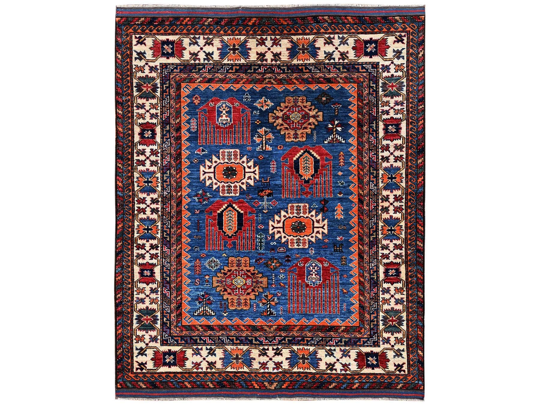 Blue 5'2" x 6'4" Kazak Hand knotted Wool Rug - Sku: O02667