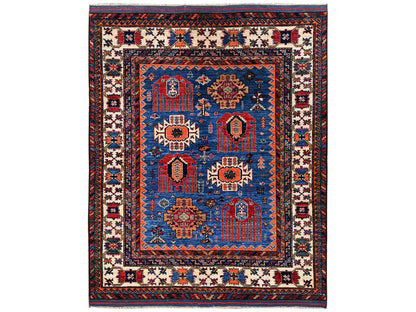 Blue 5'2" x 6'4" Kazak Hand knotted Wool Rug - Sku: O02667