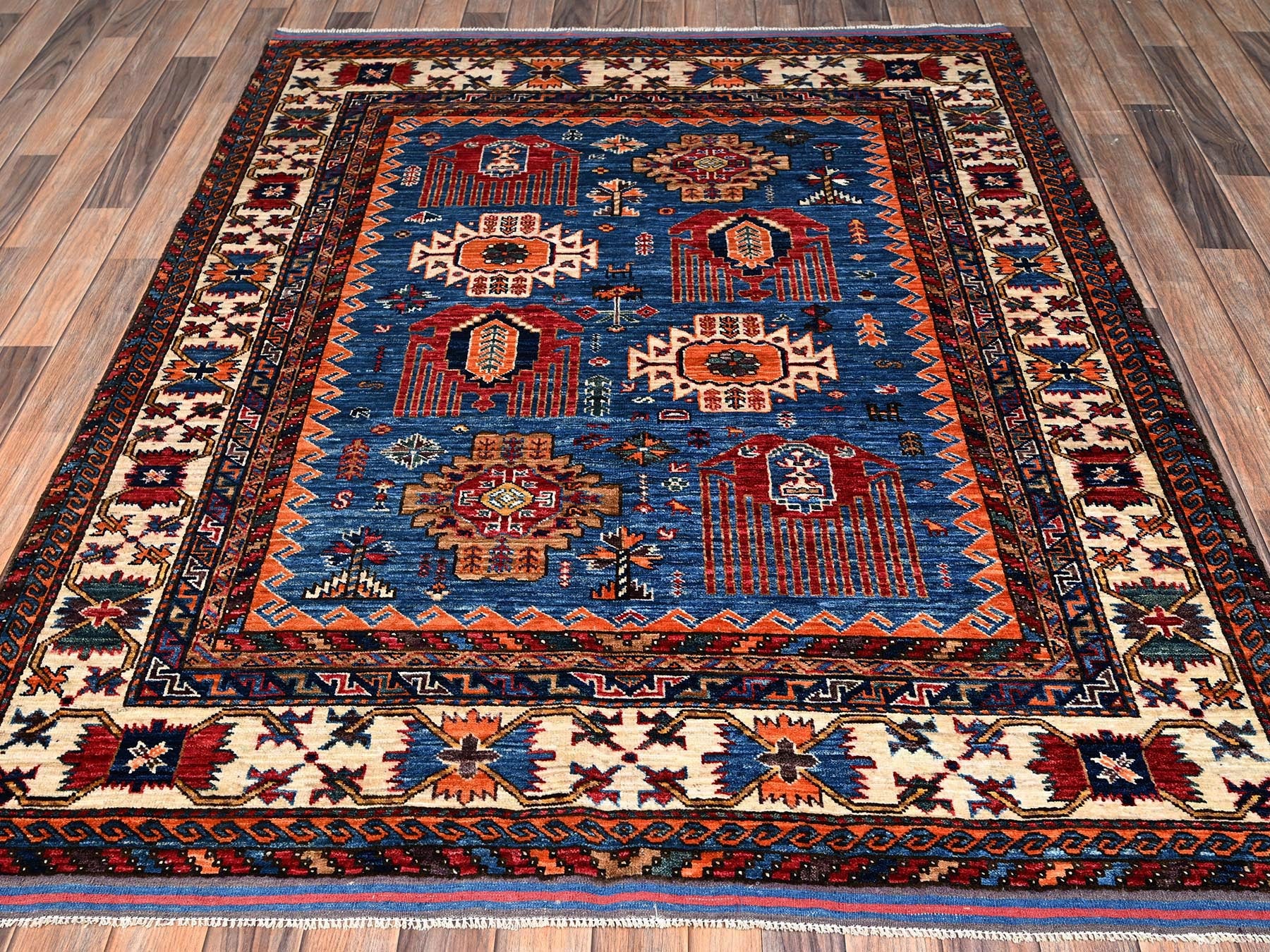 Blue 5'2" x 6'4" Kazak Hand knotted Wool Rug - Sku: O02667