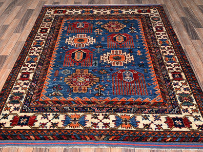 Blue 5'2" x 6'4" Kazak Hand knotted Wool Rug - Sku: O02667