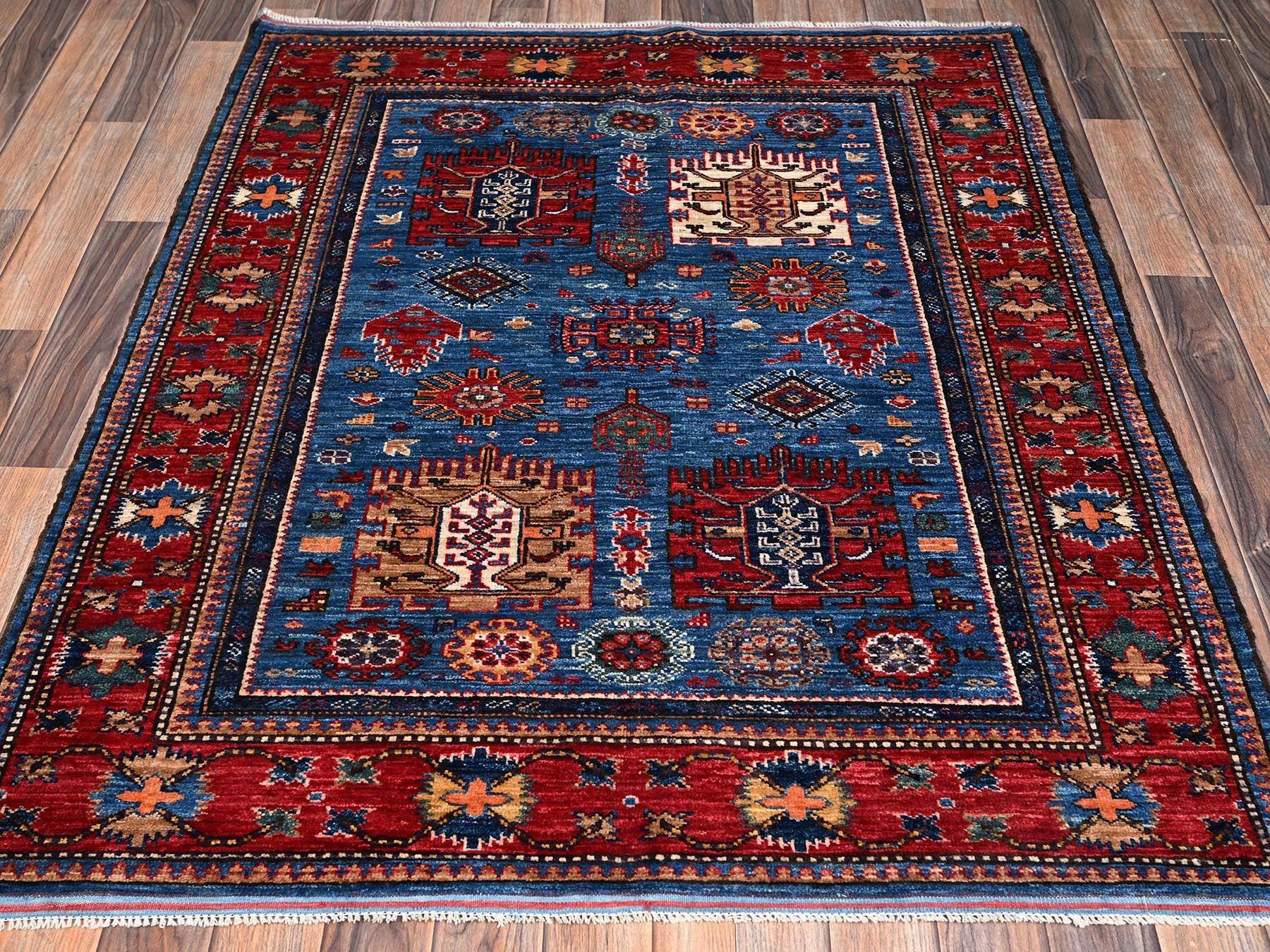 Blue 4'2" x 5'0" Kazak Hand knotted Wool Rug - Sku: O02672
