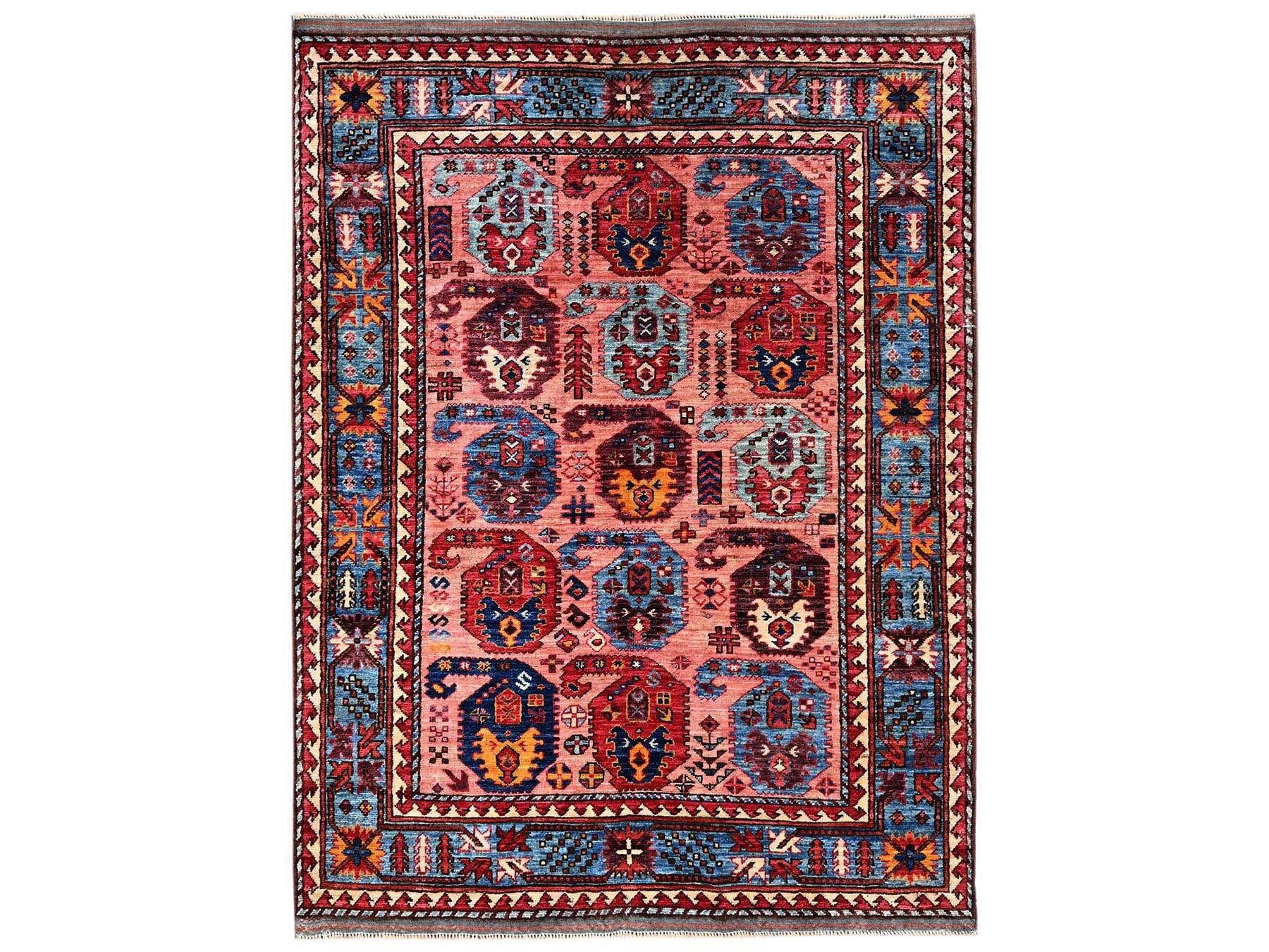 Ersari Kazak hand-knotted wool rug in Pink & Blue, 4'2" x 5'5" — SKU O02673