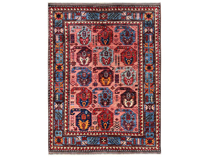Ersari Kazak hand-knotted wool rug in Pink & Blue, 4'2" x 5'5" — SKU O02673