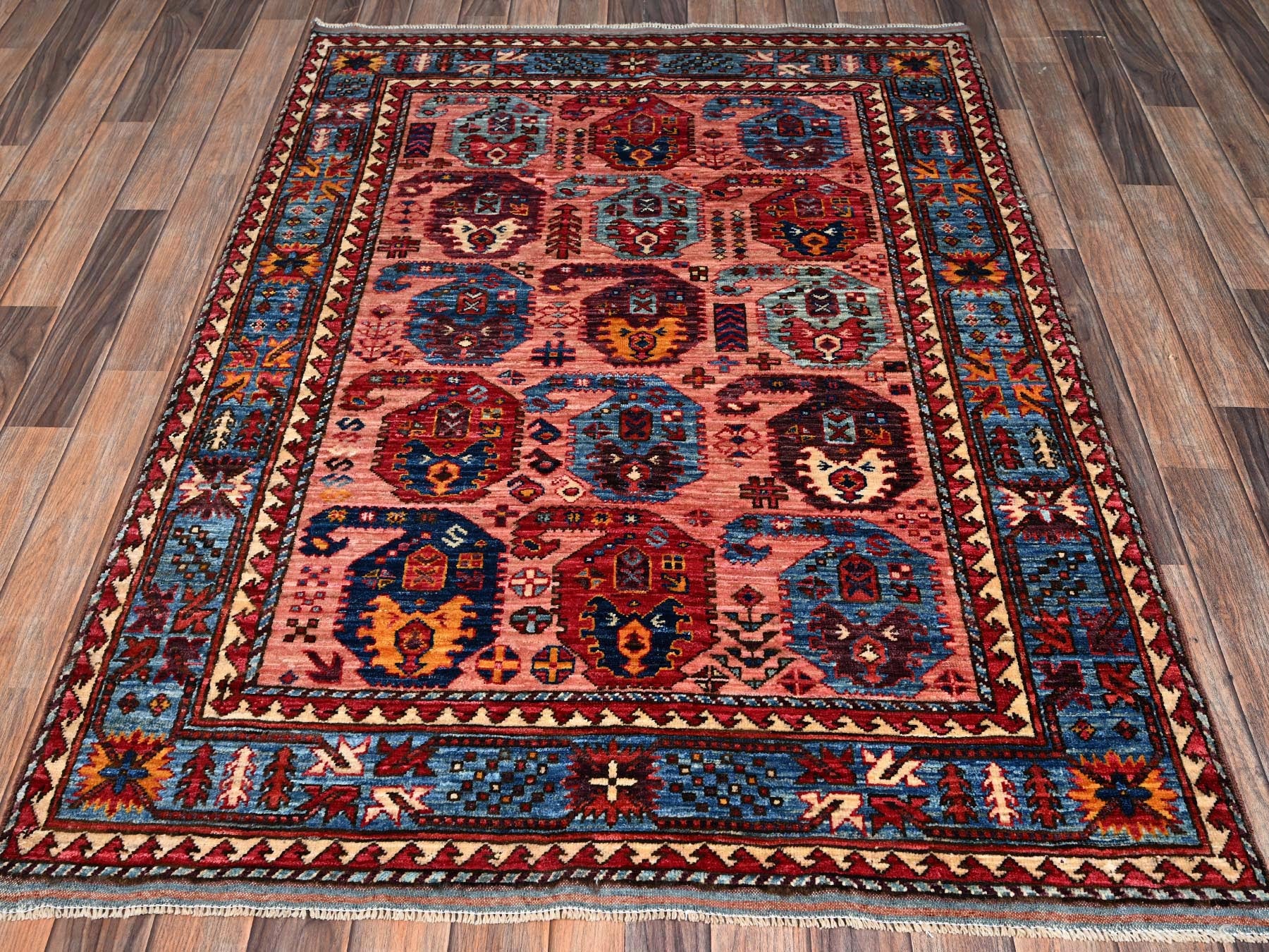 Ersari Kazak hand-knotted wool rug in Pink & Blue, 4'2" x 5'5" — SKU O02673 (view 2)