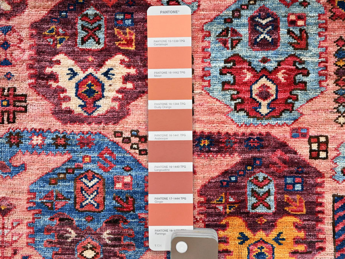 Ersari Kazak hand-knotted wool rug in Pink & Blue, 4'2" x 5'5" — SKU O02673 (view 4)