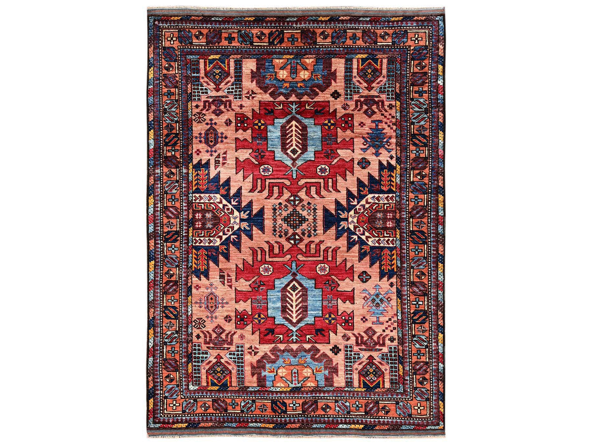 Ersari Kazak hand-knotted wool rug in Pink & Orange, 4'3" x 6' — SKU O02674