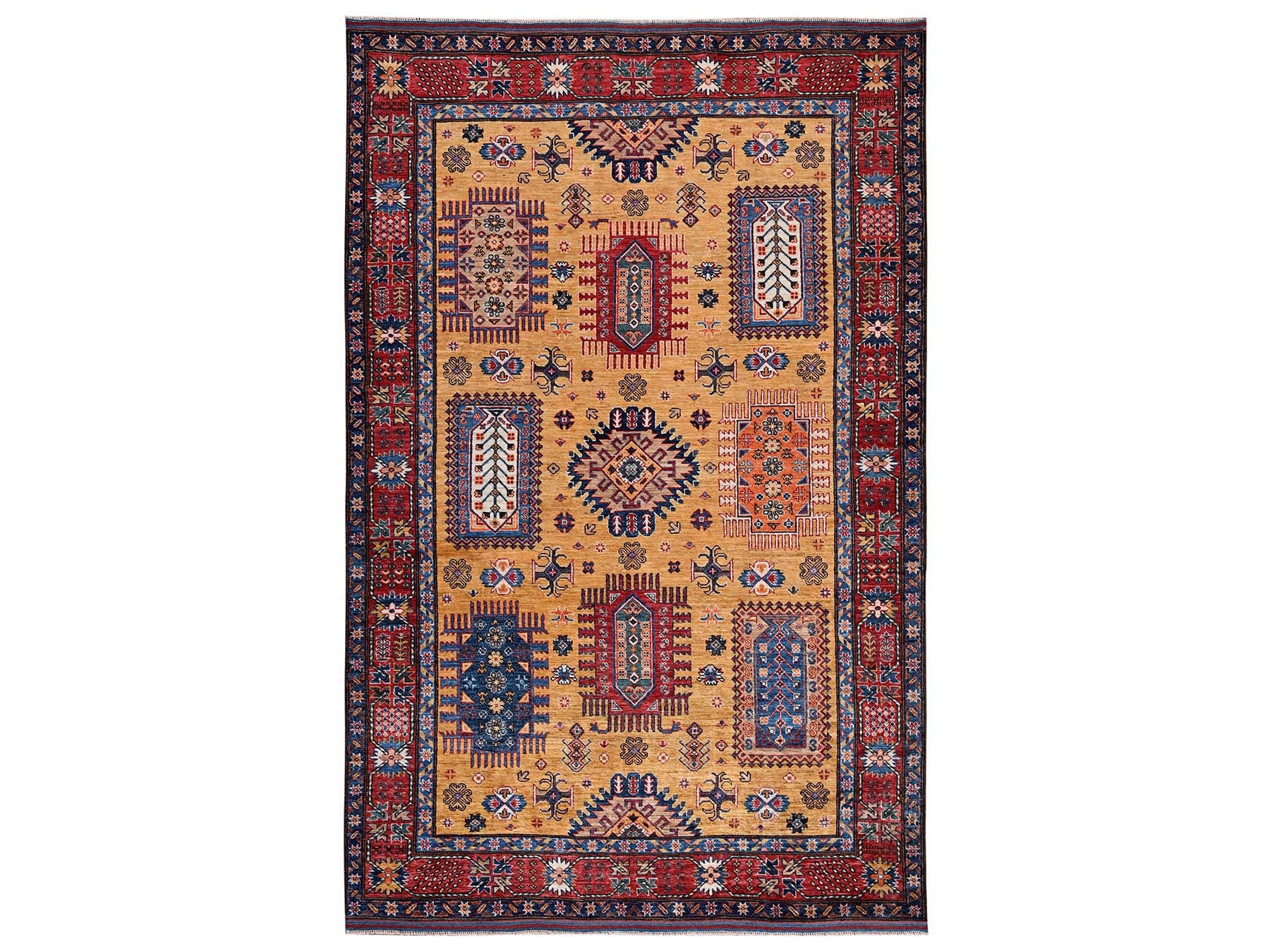 Ersari Kazak hand-knotted wool rug in Yellow & Red, 6'4" x 9'6" — SKU O02676