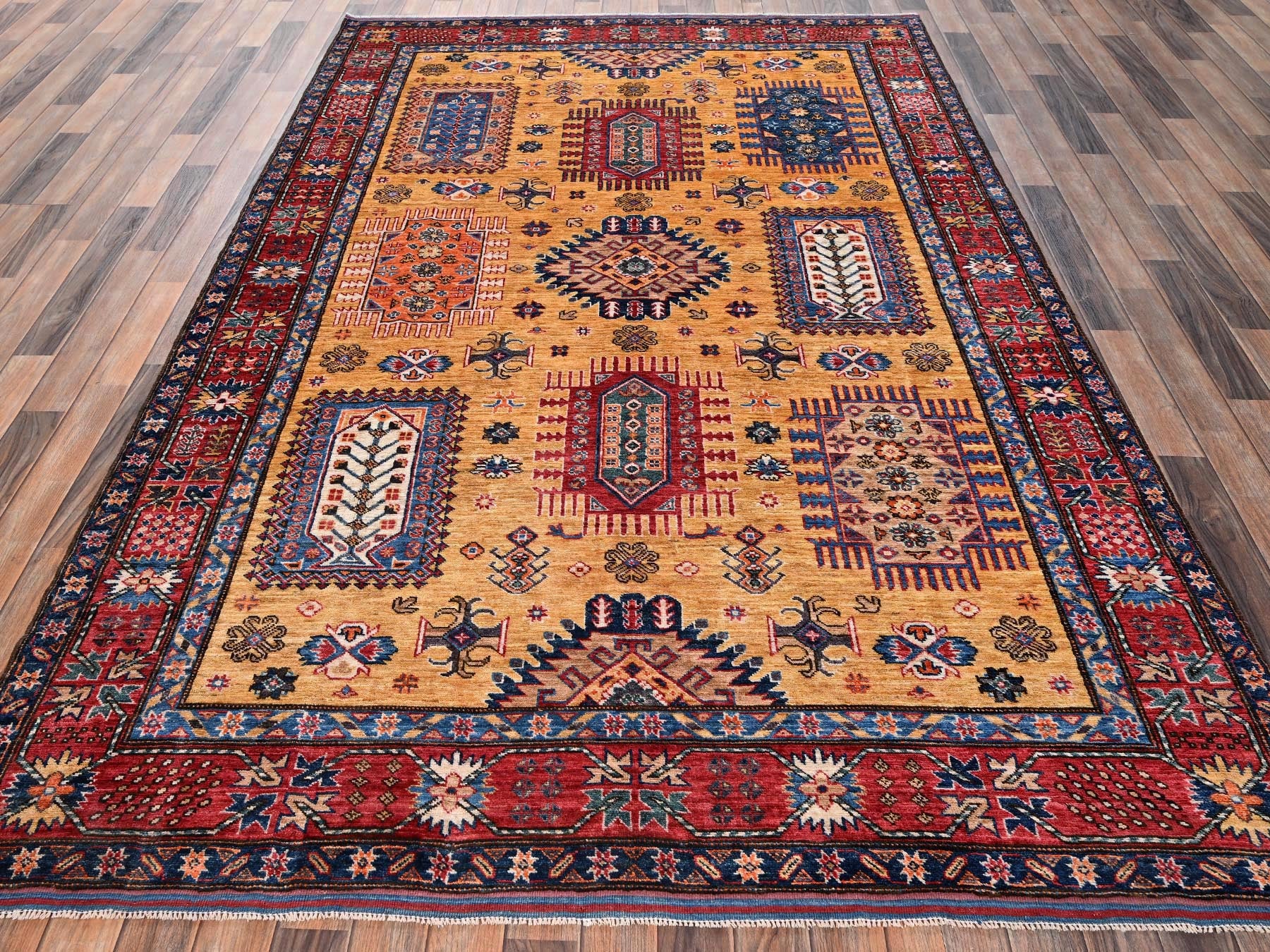 Ersari Kazak hand-knotted wool rug in Yellow & Red, 6'4" x 9'6" — SKU O02676 (view 2)
