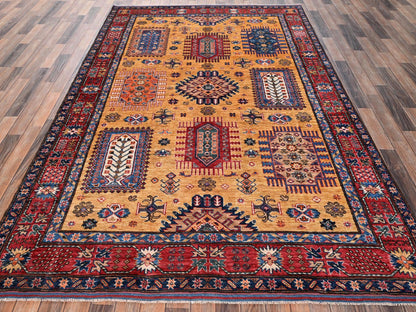 Ersari Kazak hand-knotted wool rug in Yellow & Red, 6'4" x 9'6" — SKU O02676 (view 2)