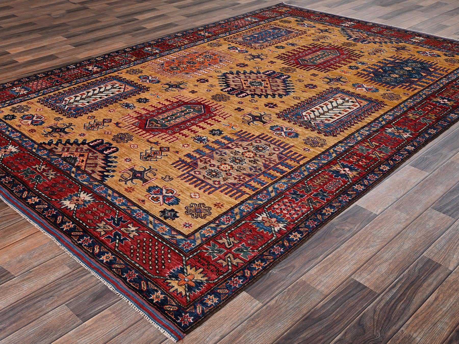 Ersari Kazak hand-knotted wool rug in Yellow & Red, 6'4" x 9'6" — SKU O02676 (view 3)