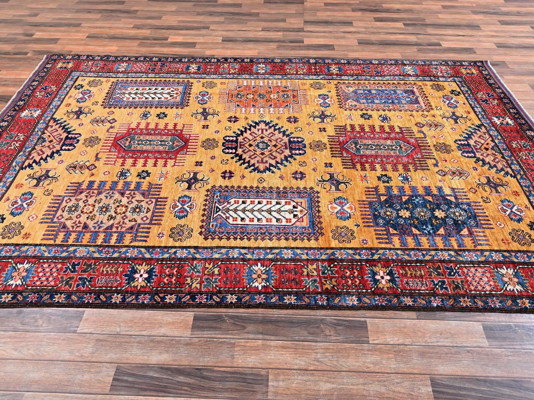 Ersari Kazak hand-knotted wool rug in Yellow & Red, 6'4" x 9'6" — SKU O02676 (view 4)