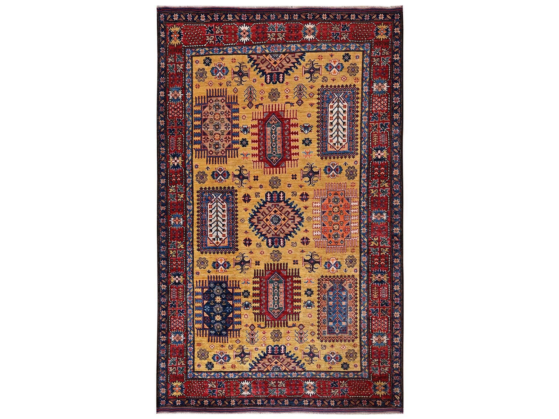 Ersari Kazak hand-knotted wool rug in Yellow & Red, 6'4" x 9' — SKU O02677