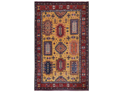 Ersari Kazak hand-knotted wool rug in Yellow & Red, 6'4" x 9' — SKU O02677