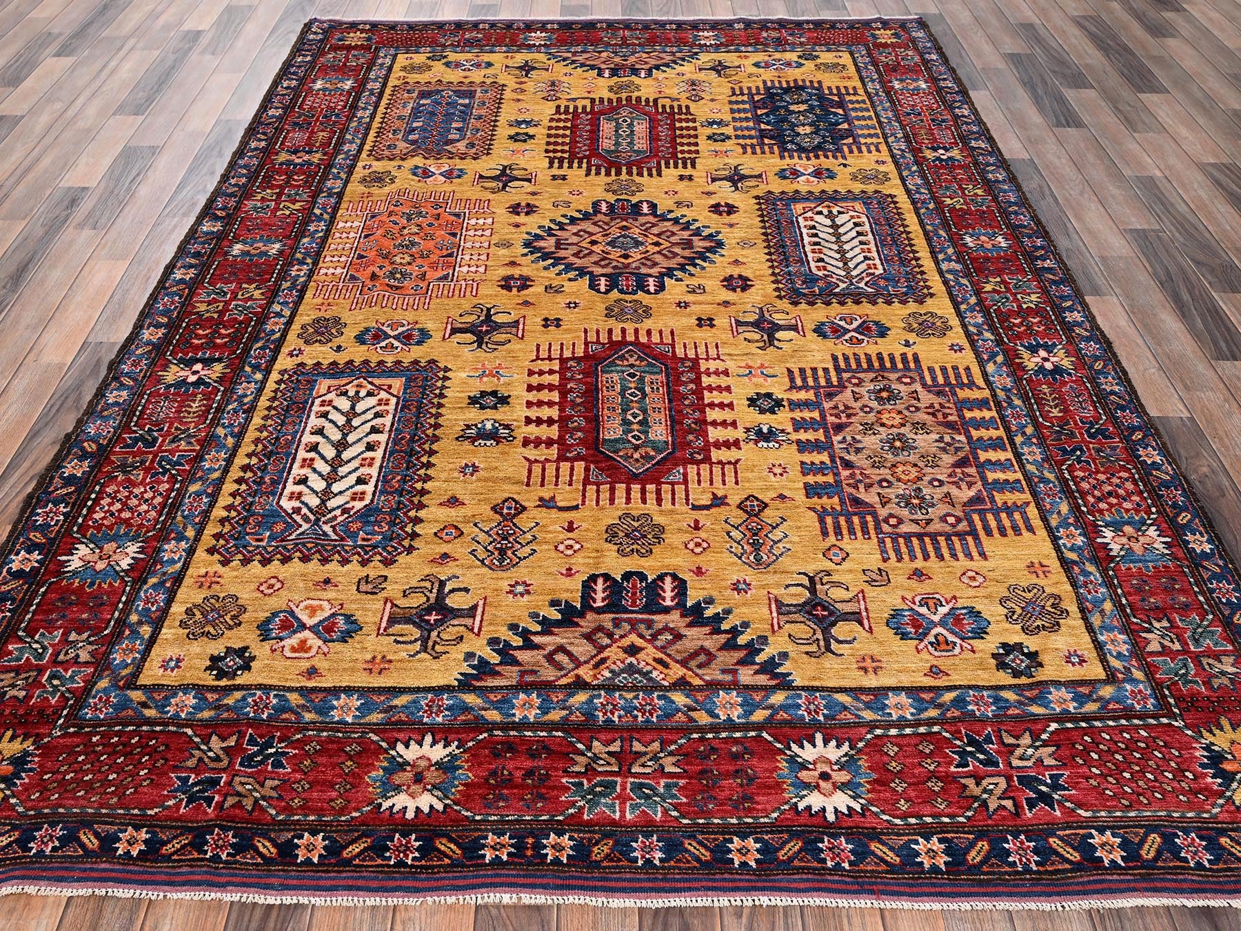 Ersari Kazak hand-knotted wool rug in Yellow & Red, 6'4" x 9' — SKU O02677 (view 2)