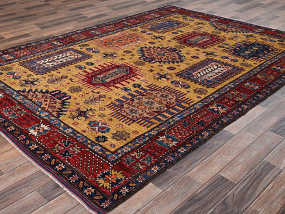 Ersari Kazak hand-knotted wool rug in Yellow & Red, 6'4" x 9' — SKU O02677 (view 3)