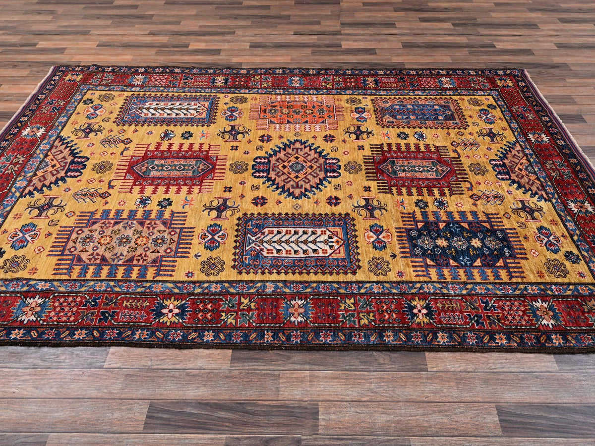 Ersari Kazak hand-knotted wool rug in Yellow & Red, 6'4" x 9' — SKU O02677 (view 4)