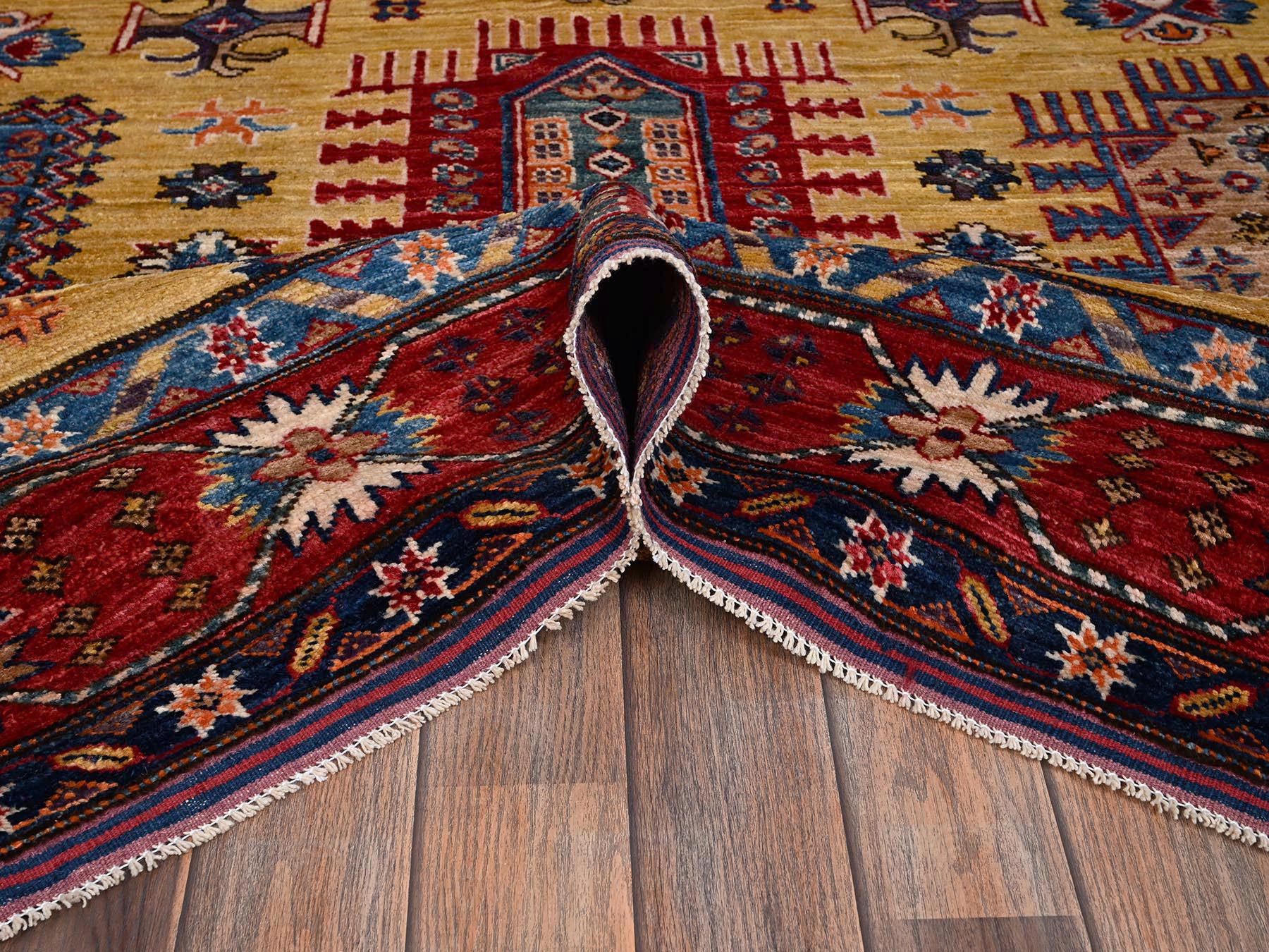 Ersari Kazak hand-knotted wool rug in Yellow & Red, 6'4" x 9' — SKU O02677 (view 6)