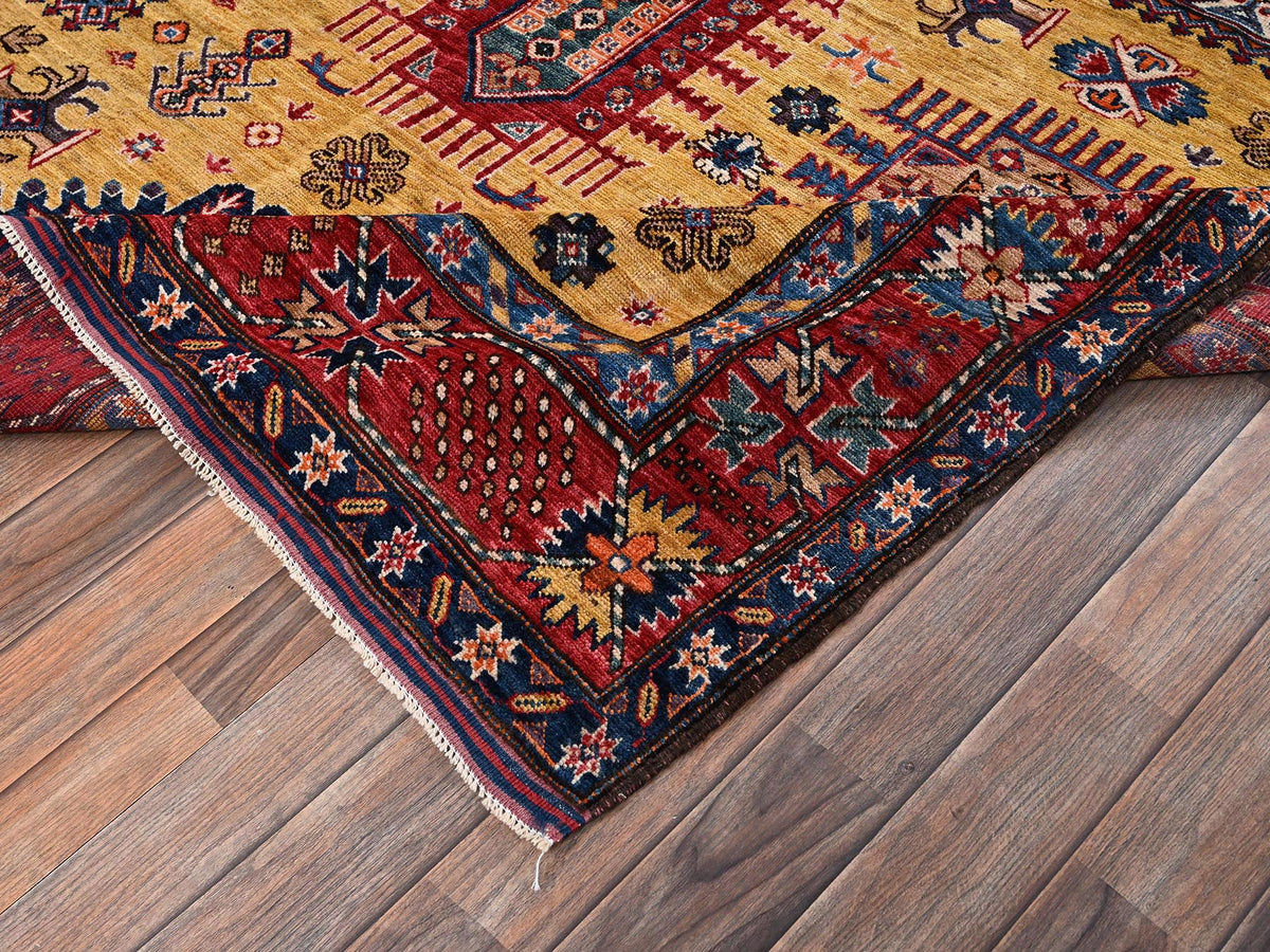 Ersari Kazak hand-knotted wool rug in Yellow & Red, 6'4" x 9' — SKU O02677 (view 7)