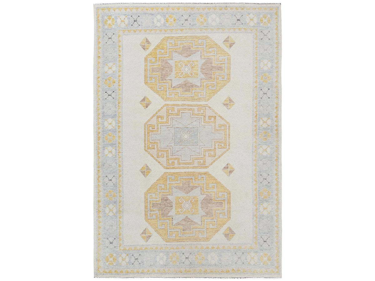 Kazak Kazak hand-knotted wool rug in Ivory & Light Blue, 6' x 8'11" — SKU O02682