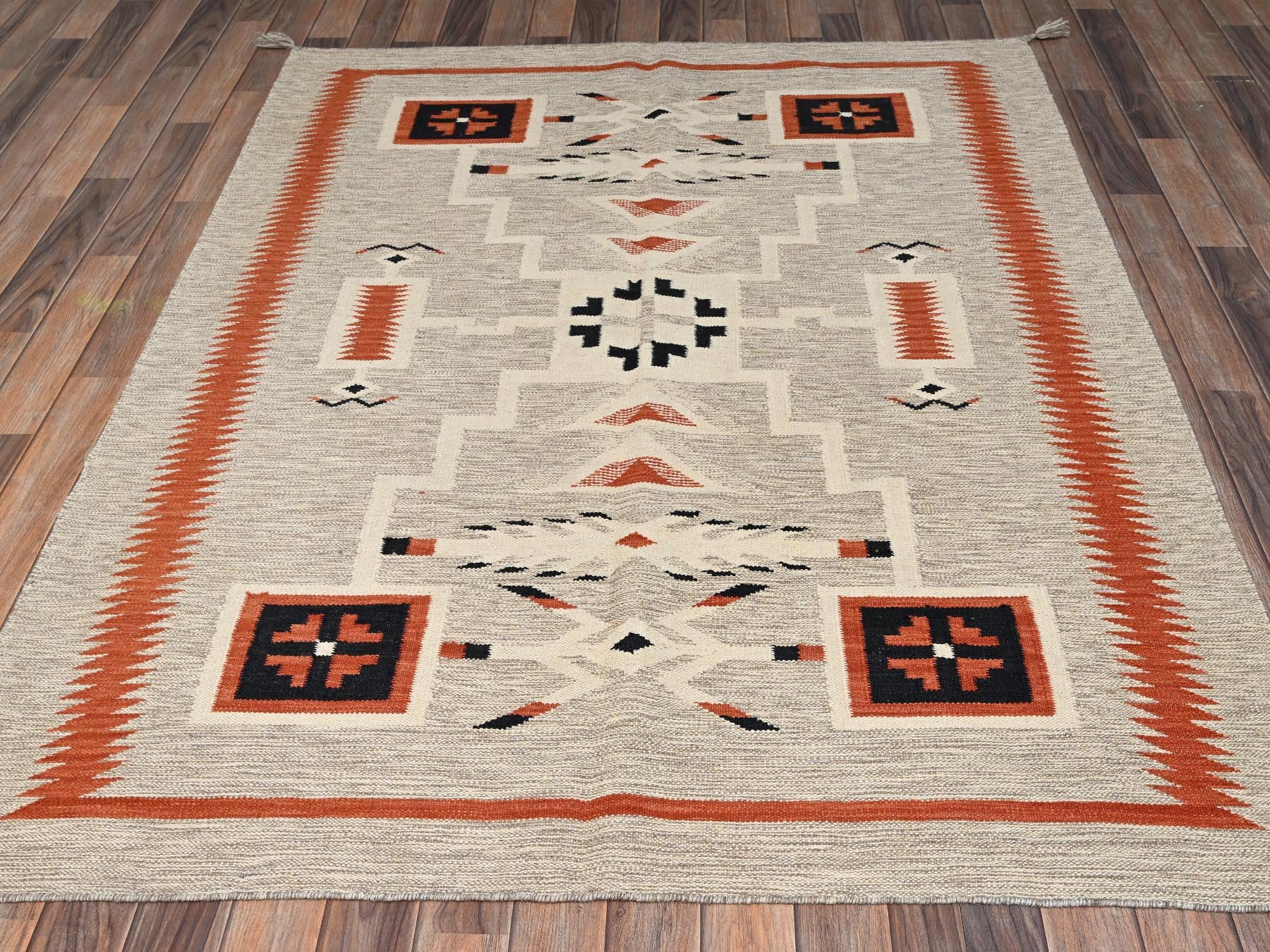 Brown 5'2" x 6'9" Flat Weave Hand woven Wool Rug - Sku: O02697